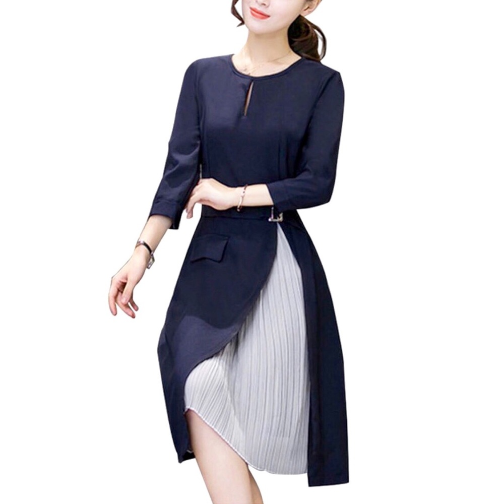 "Cindy" Navy A-line Midi Dress w sheer - Picture 2 of 4